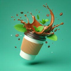 Wall Mural - Paper cup of coffee with mint fly with splash, with mint leaves, 3d illustration, render, in cute style, in cartoon style, high quality, on green background. Advertising: brewed coffee, coffee to go.