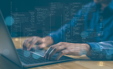 Fototapete - Programmers and cybersecurity technologies design websites and security in the Social World, cyberspace concepts..