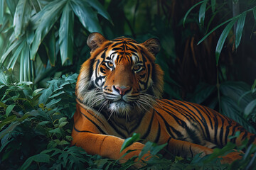 Wall Mural -  Sunda Island Tiger in a regal and majestic pose, amidst dense jungle foliage.