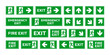 Emergency exit sign set. Emergency and fire exit icons. Man running out arrow, green background.