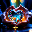 The most enchanting sight to behold is an exquisite glass heart radiating with vibrant colors, brilliantly illuminated from within. This extraordinary masterpiece is adorned with an array of beautiful