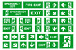 Exit sign set. Emergency and fire exit icons. Man running out arrow, green background.