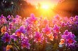 Colorful orchid flowers blooming in a wild flower field with sunlight. Generative AI