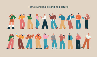 Wall Mural - Many people are standing in various postures. Collection of men and women casual characters. flat vector illustration.