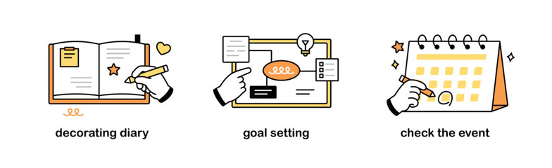 Wall Mural - hands making new plans, checking schedules on calendars, and drawing idea maps. outline simple vecto