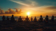 yoga retreat on the beach at sunset, silhouettes of group of people meditating