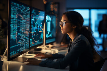Young Female Web Developer with Multiple Screens