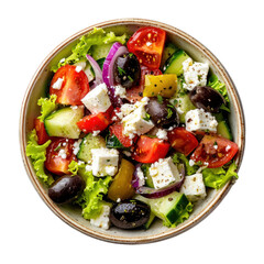 Wall Mural - Delicious Greek salad in a bowl, top view, transparent or isolated on white background