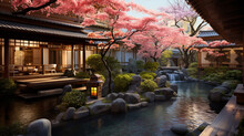 A Traditional Ryokan Japanese Inn In Kyoto With Oriental Cherry Blossom