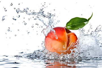 studio shot water splash with peach on white background