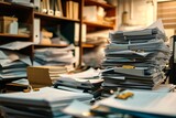 Fototapeta  - Piles of paperwork and folders in office room. The concept of workaholism, an emergency at work