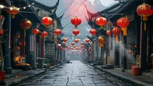 Animation Traditional Chinese House In The Street Filled With Red Lanterns In The Evening. Seamless 4k Video Looping Background. Generated With Ai