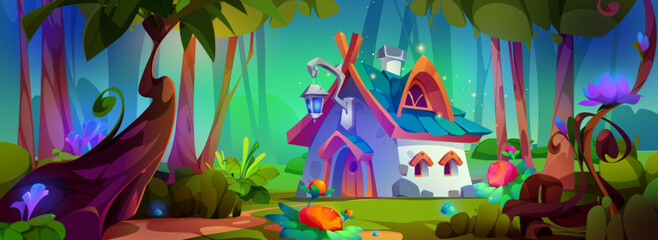 Wall Mural - Magic tiny house of gnome or elf in forest with green trees and fantastic neon glowing flowers and plants. Cartoon fairytale summer woods landscape with little home with doors, windows and lantern.