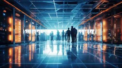 Data scientists work in a modern office of a technology company on the development of a quantum computer. Science, technology, big data and blockchain concept.