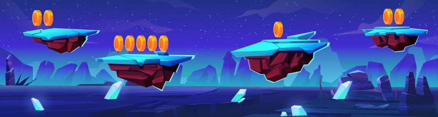 Wall Mural - game level route with coins to collect on floating land islands on background with alien planet surf