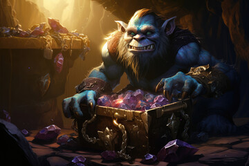 Wall Mural - A troll guarding a treasure chest in a cave, surrounded by glistening gemstones