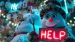 a snowman holding a sign that says HELP