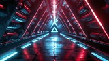 Fototapeta Przestrzenne - Abstract Triangle Spaceship corridor. Futuristic tunnel with light. Future interior background, business, sci-fi science concept. 3d rendering