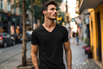 Wall Mural - Black t-shirt mockup by wearing a male model - V-Neck t-shirt mockup