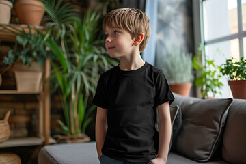 Wall Mural - Black t-shirt mockup by wearing a young boy model - Round neck t-shirt mockup