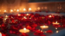 Romantic Rose Petal Bath By Candlelight. Valentine Day 2024