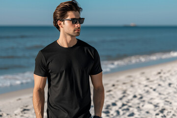 Wall Mural - Black t-shirt mockup by wearing a male model - Round neck t-shirt mockup