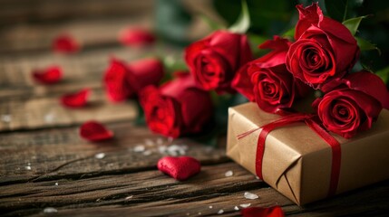 Wall Mural - Valentines concept with bouquet of roses and wrapped gift box on wooden table