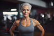 Portrait of fit elderly woman with short grey hair with very muscular arms and sport top in gym