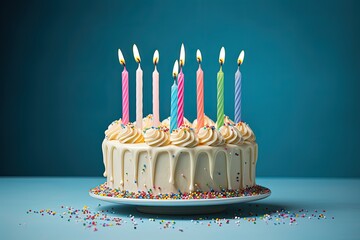 Poster - Colorful birthday cake with blue background