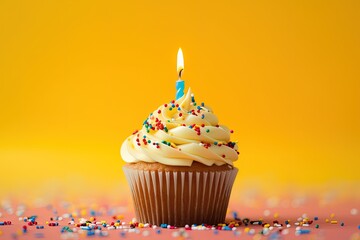 Colorful cupcake with candle and confetti on yellow background