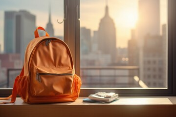 Yellow school bag with books and school stuff in the bokeh classroom background. Back to school concept background with copyspace, place for text.	