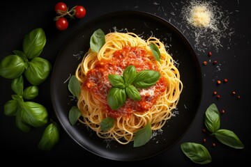 Wall Mural - Italian spaghetti with tomato sauce parmesan basil on plate top view