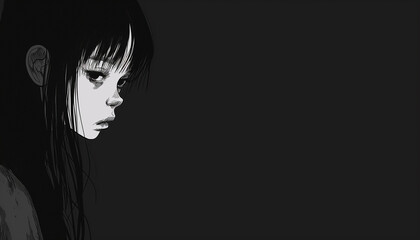 a girl in long black hair looking out across the dark, in the style of manga style, conceptual minimalism