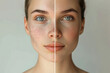Before and After Beauty. A compelling split-face portrait of a woman, one side with natural skin including freckles and the other side showcasing a flawless makeup look.