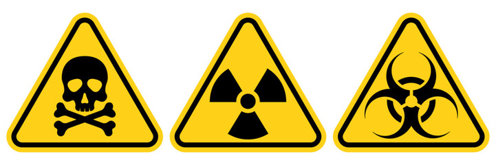 Wall Mural - Set hazard danger yellow vector signs. Radiation sign, Biohazard sign, Toxic sign, Gas mask.