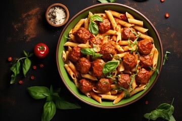 Canvas Print - Top view of a bowl with penne pasta meatballs tomato sauce and veggies