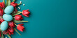 Background with red tulips and painted easter eggs the concept of finding eggs for easter decor for the feast, Celebration in Bloom: Red Tulips and Painted Easter Eggs for Festive Background