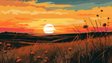 Fototapeta  - Flat Illustration Wild Prairie at Sunset A flat design sunset