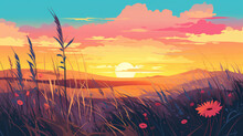 Flat Illustration Wild Prairie At Sunset A Flat Design