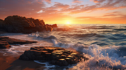 Wall Mural - Photo Realistic Rocky Shoreline at Sunset ocean