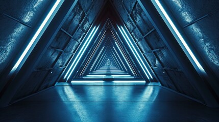 Abstract Triangle Spaceship corridor. Futuristic tunnel with light. Future interior background, business, sci-fi science concept. 3d rendering