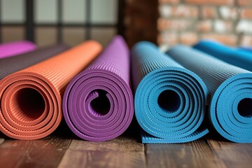 Sticker - A set of colorful yoga mats neatly rolled up in a yoga studio.