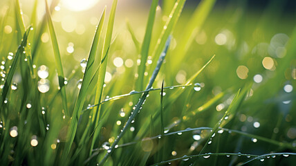 Canvas Print - Photo Realistic Morning Dew on Grass spring