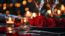 Romantic Table Setting For Red Roses And Candlelight For Valentines Dinner.