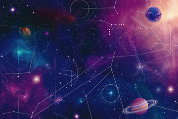  Cosmic background with stars, planets and constellations