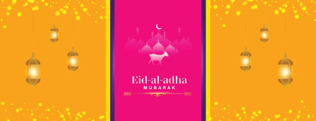 Wall Mural - Eid al-adha wishes or greeting bakrid festival banner design with mosque and yellow or pink color Islamic background with goat, social media wishing banner or poster vector illustration