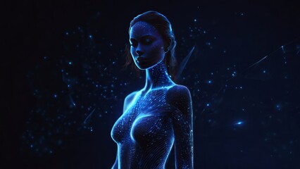 Futuristic polygonal 3d face intelligence of woman made of glowing linear polygons in dark blue color. Abstract illustration for online business, it, network, support, services app concept.