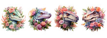 Watercolor Fantasy Dinosaur With Flowers