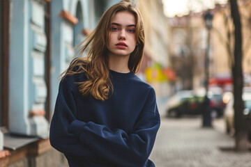 Wall Mural - Navy-blue sweatshirt mockup wearing by a female model - Round neck sweatshirt mockup