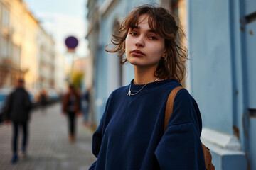 Wall Mural - Navy-blue sweatshirt mockup wearing by a female model - Round neck sweatshirt mockup